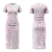 Pink New Zealand Puhoro Maori Tattoo Couples Matching Short Sleeve Bodycon Dress and Hawaiian Shirt LT14 - Polynesian Pride