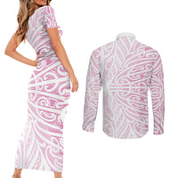 Pink New Zealand Puhoro Maori Tattoo Couples Matching Short Sleeve Bodycon Dress and Long Sleeve Button Shirt LT14 - Polynesian Pride