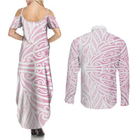 Pink New Zealand Puhoro Maori Tattoo Couples Matching Summer Maxi Dress and Long Sleeve Button Shirt LT14 - Polynesian Pride