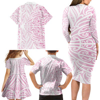 Pink New Zealand Puhoro Maori Tattoo Family Matching Long Sleeve Bodycon Dress and Hawaiian Shirt LT14 - Polynesian Pride