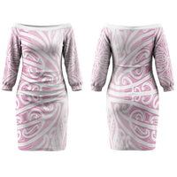 Pink New Zealand Puhoro Maori Tattoo Family Matching Off The Shoulder Long Sleeve Dress and Hawaiian Shirt LT14 Mom's Dress Pink - Polynesian Pride