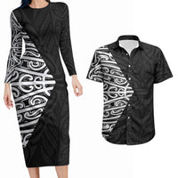 Black New Zealand Puhoro Maori Tattoo Couples Matching Long Sleeve Bodycon Dress and Hawaiian Shirt LT14 Black - Polynesian Pride
