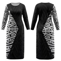 Black New Zealand Puhoro Maori Tattoo Couples Matching Long Sleeve Bodycon Dress and Hawaiian Shirt LT14 - Polynesian Pride