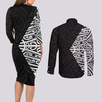 Black New Zealand Puhoro Maori Tattoo Couples Matching Long Sleeve Bodycon Dress and Long Sleeve Button Shirt LT14 - Polynesian Pride