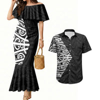 Black New Zealand Puhoro Maori Tattoo Couples Matching Mermaid Dress and Hawaiian Shirt LT14 Black - Polynesian Pride