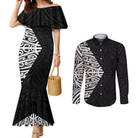 Black New Zealand Puhoro Maori Tattoo Couples Matching Mermaid Dress and Long Sleeve Button Shirt LT14 Black - Polynesian Pride