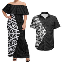 Black New Zealand Puhoro Maori Tattoo Couples Matching Off Shoulder Maxi Dress and Hawaiian Shirt LT14 Black - Polynesian Pride