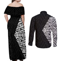 Black New Zealand Puhoro Maori Tattoo Couples Matching Off Shoulder Maxi Dress and Long Sleeve Button Shirt LT14 - Polynesian Pride