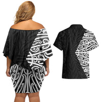 Black New Zealand Puhoro Maori Tattoo Couples Matching Off Shoulder Short Dress and Hawaiian Shirt LT14 - Polynesian Pride
