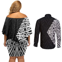 Black New Zealand Puhoro Maori Tattoo Couples Matching Off Shoulder Short Dress and Long Sleeve Button Shirt LT14 - Polynesian Pride