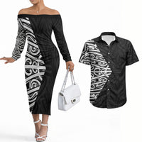 Black New Zealand Puhoro Maori Tattoo Couples Matching Off The Shoulder Long Sleeve Dress and Hawaiian Shirt LT14 Black - Polynesian Pride