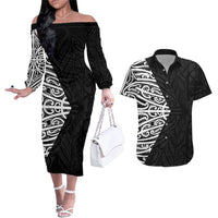 Black New Zealand Puhoro Maori Tattoo Couples Matching Off The Shoulder Long Sleeve Dress and Hawaiian Shirt LT14 Black - Polynesian Pride