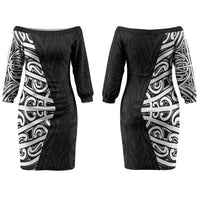 Black New Zealand Puhoro Maori Tattoo Couples Matching Off The Shoulder Long Sleeve Dress and Hawaiian Shirt LT14 - Polynesian Pride