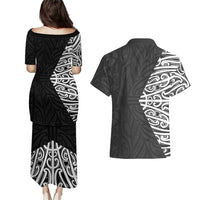 Black New Zealand Puhoro Maori Tattoo Couples Matching Puletasi and Hawaiian Shirt LT14 - Polynesian Pride