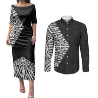 Black New Zealand Puhoro Maori Tattoo Couples Matching Puletasi and Long Sleeve Button Shirt LT14 Black - Polynesian Pride