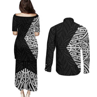 Black New Zealand Puhoro Maori Tattoo Couples Matching Puletasi and Long Sleeve Button Shirt LT14 - Polynesian Pride