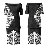 Black New Zealand Puhoro Maori Tattoo Couples Matching Puletasi and Long Sleeve Button Shirt LT14 - Polynesian Pride