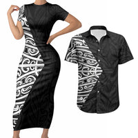 Black New Zealand Puhoro Maori Tattoo Couples Matching Short Sleeve Bodycon Dress and Hawaiian Shirt LT14 Black - Polynesian Pride