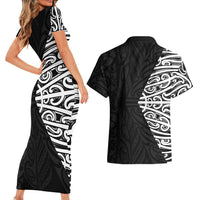 Black New Zealand Puhoro Maori Tattoo Couples Matching Short Sleeve Bodycon Dress and Hawaiian Shirt LT14 - Polynesian Pride