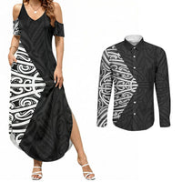 Black New Zealand Puhoro Maori Tattoo Couples Matching Summer Maxi Dress and Long Sleeve Button Shirt LT14 Black - Polynesian Pride