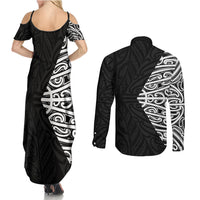 Black New Zealand Puhoro Maori Tattoo Couples Matching Summer Maxi Dress and Long Sleeve Button Shirt LT14 - Polynesian Pride