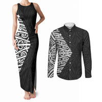 Black New Zealand Puhoro Maori Tattoo Couples Matching Tank Maxi Dress and Long Sleeve Button Shirt LT14 Black - Polynesian Pride