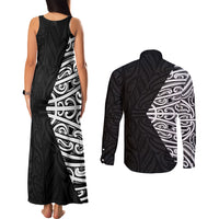 Black New Zealand Puhoro Maori Tattoo Couples Matching Tank Maxi Dress and Long Sleeve Button Shirt LT14 - Polynesian Pride