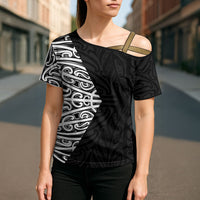 Black New Zealand Puhoro Maori Tattoo Cross Shoulder Shirt LT14 - Polynesian Pride