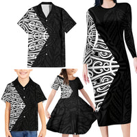 Black New Zealand Puhoro Maori Tattoo Family Matching Long Sleeve Bodycon Dress and Hawaiian Shirt LT14 - Polynesian Pride