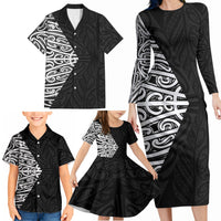 Black New Zealand Puhoro Maori Tattoo Family Matching Long Sleeve Bodycon Dress and Hawaiian Shirt LT14 - Polynesian Pride