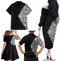 Black New Zealand Puhoro Maori Tattoo Family Matching Off The Shoulder Long Sleeve Dress and Hawaiian Shirt LT14 - Polynesian Pride