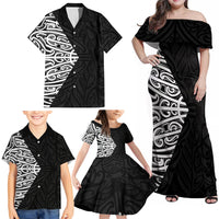 Black New Zealand Puhoro Maori Tattoo Family Matching Off Shoulder Maxi Dress and Hawaiian Shirt LT14 - Polynesian Pride