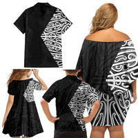 Black New Zealand Puhoro Maori Tattoo Family Matching Off Shoulder Short Dress and Hawaiian Shirt LT14 - Polynesian Pride
