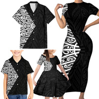 Black New Zealand Puhoro Maori Tattoo Family Matching Short Sleeve Bodycon Dress and Hawaiian Shirt LT14 - Polynesian Pride