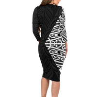 Black New Zealand Puhoro Maori Tattoo Long Sleeve Bodycon Dress LT14 - Polynesian Pride