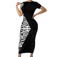 Black New Zealand Puhoro Maori Tattoo Short Sleeve Bodycon Dress LT14 Long Dress Black - Polynesian Pride