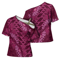 Pink Aloha Hawaii Cross Shoulder Shirt Hawaiian Kakau Ohia Lehua Lei - Polynesian Pride