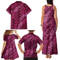Pink Aloha Hawaii Family Matching Tank Maxi Dress and Hawaiian Shirt Hawaiian Kakau Ohia Lehua Lei - Polynesian Pride
