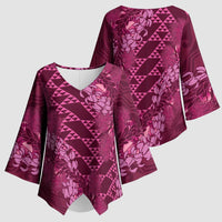 Pink Aloha Hawaii Kimono Sleeve Blouse Hawaiian Kakau Ohia Lehua Lei - Polynesian Pride