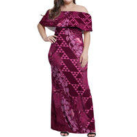 Pink Aloha Hawaii Off Shoulder Maxi Dress Hawaiian Kakau Ohia Lehua Lei - Polynesian Pride