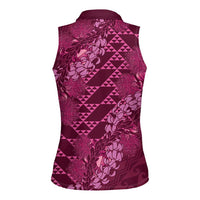 Pink Aloha Hawaii Women Sleeveless Polo Shirt Hawaiian Kakau Ohia Lehua Lei - Polynesian Pride