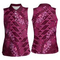 Pink Aloha Hawaii Women Sleeveless Polo Shirt Hawaiian Kakau Ohia Lehua Lei - Polynesian Pride