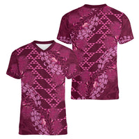 Pink Aloha Hawaii Women V-Neck T-Shirt Hawaiian Kakau Ohia Lehua Lei - Polynesian Pride