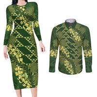 Green Aloha Hawaii Couples Matching Long Sleeve Bodycon Dress and Long Sleeve Button Shirt Hawaiian Kakau Ohia Lehua Lei - Polynesian Pride
