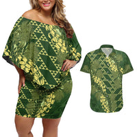 Green Aloha Hawaii Couples Matching Off Shoulder Short Dress and Hawaiian Shirt Hawaiian Kakau Ohia Lehua Lei - Polynesian Pride