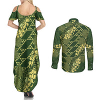 Green Aloha Hawaii Couples Matching Summer Maxi Dress and Long Sleeve Button Shirt Hawaiian Kakau Ohia Lehua Lei - Polynesian Pride