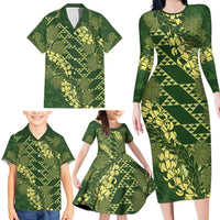 Green Aloha Hawaii Family Matching Long Sleeve Bodycon Dress and Hawaiian Shirt Hawaiian Kakau Ohia Lehua Lei - Polynesian Pride