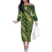 Green Aloha Hawaii Family Matching Off The Shoulder Long Sleeve Dress and Hawaiian Shirt Hawaiian Kakau Ohia Lehua Lei - Polynesian Pride