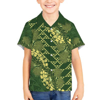 Green Aloha Hawaii Family Matching Tank Maxi Dress and Hawaiian Shirt Hawaiian Kakau Ohia Lehua Lei - Polynesian Pride