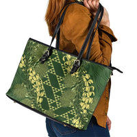 Green Aloha Hawaii Leather Tote Bag Hawaiian Kakau Ohia Lehua Lei - Polynesian Pride